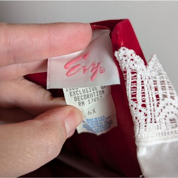 Vintage 90s Evy Red & White Velvet Big Collar Holiday Long Sleeve Dress Girls 6X - Picture 4 of 6